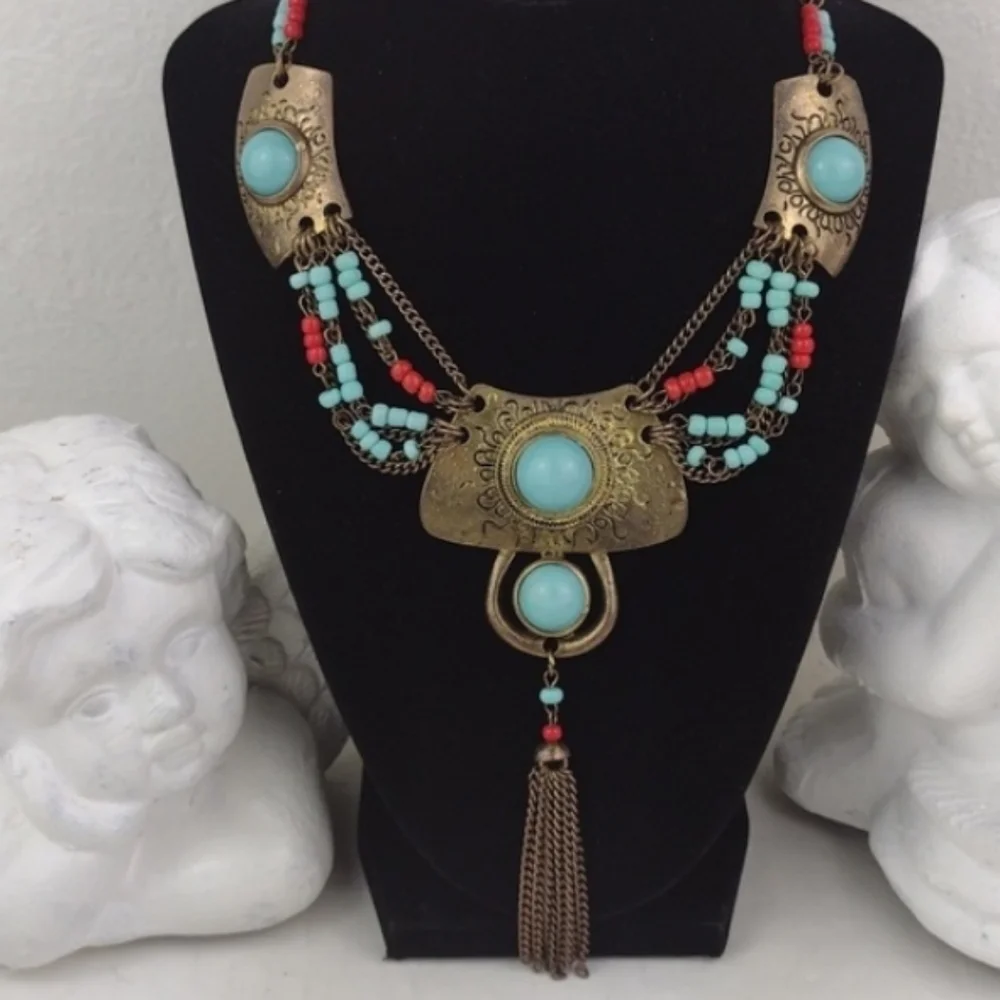 🌻3 For $15 Rustic Tribal Faux Turquoise Coral Stone Bead Chain Fringe Necklace